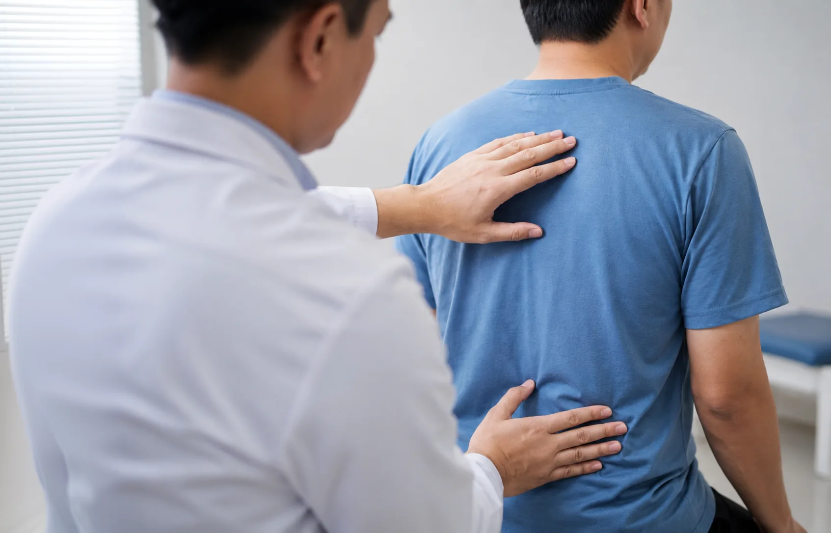 Doctor examining a patient with back pain during a medical visit