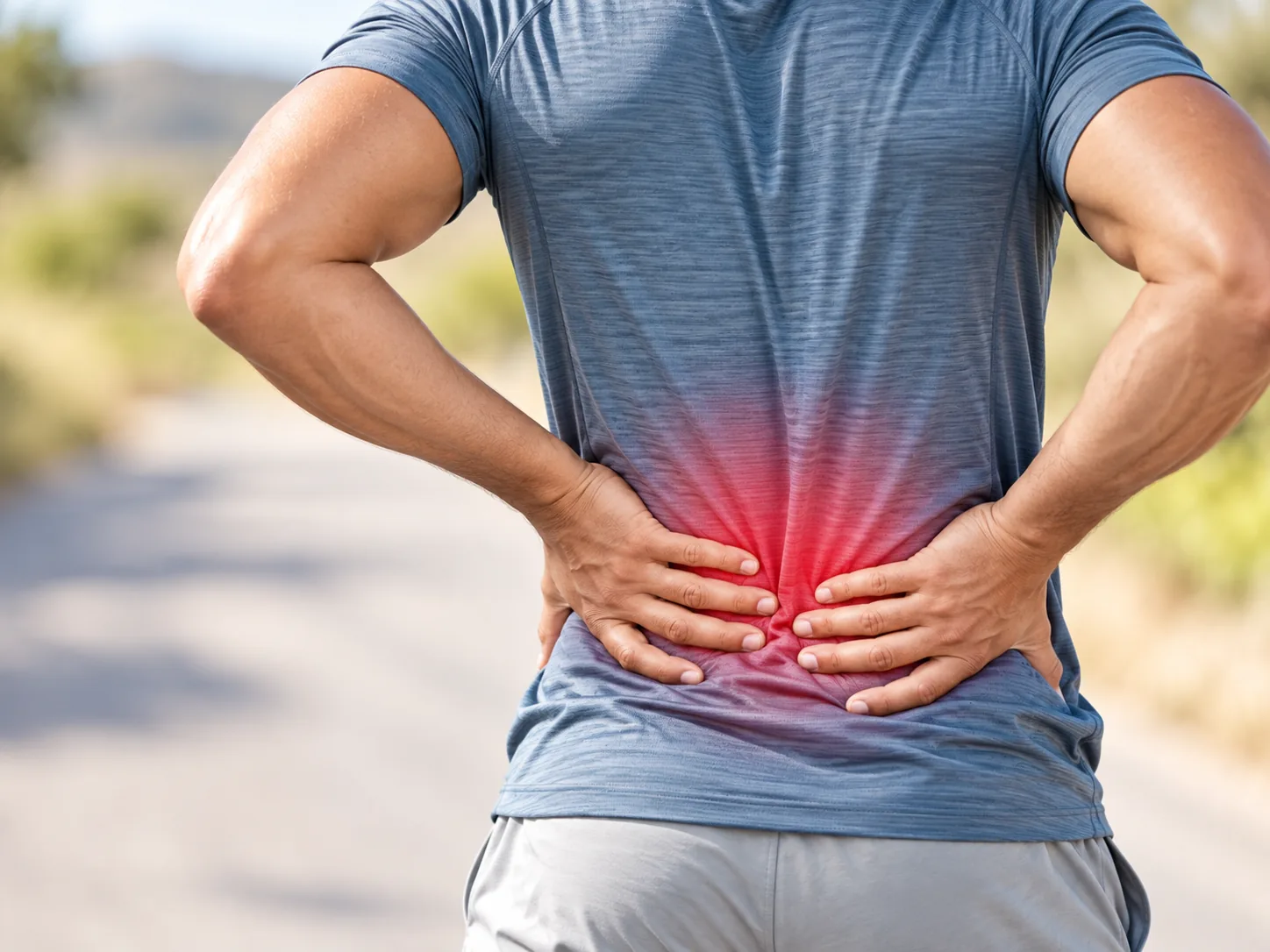 Man outdoors holding his lower back with highlighted back pain