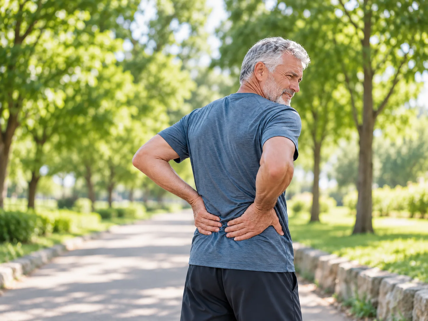 Older man standing outdoors holding his lower back, experiencing back pain