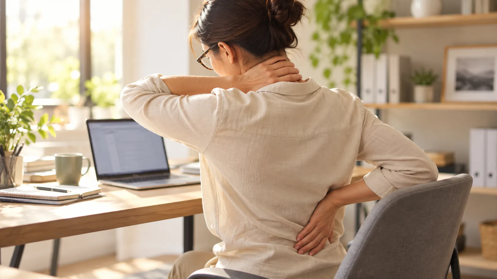 Woman sitting at a desk holding her neck and lower back, experiencing back pain while sitting