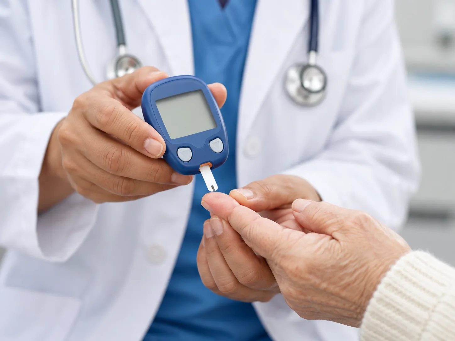Healthcare provider checking an older patient's blood glucose level with a glucose meter.