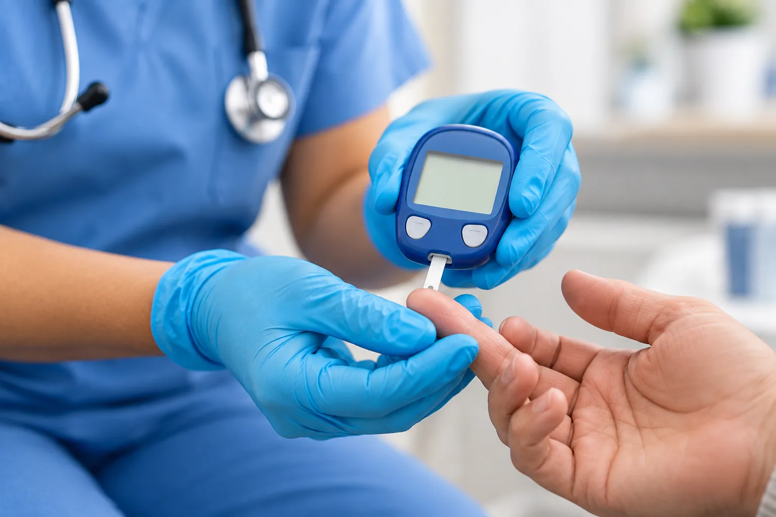 Healthcare professional checking blood sugar for a patient with diabetes and peripheral neuropathy