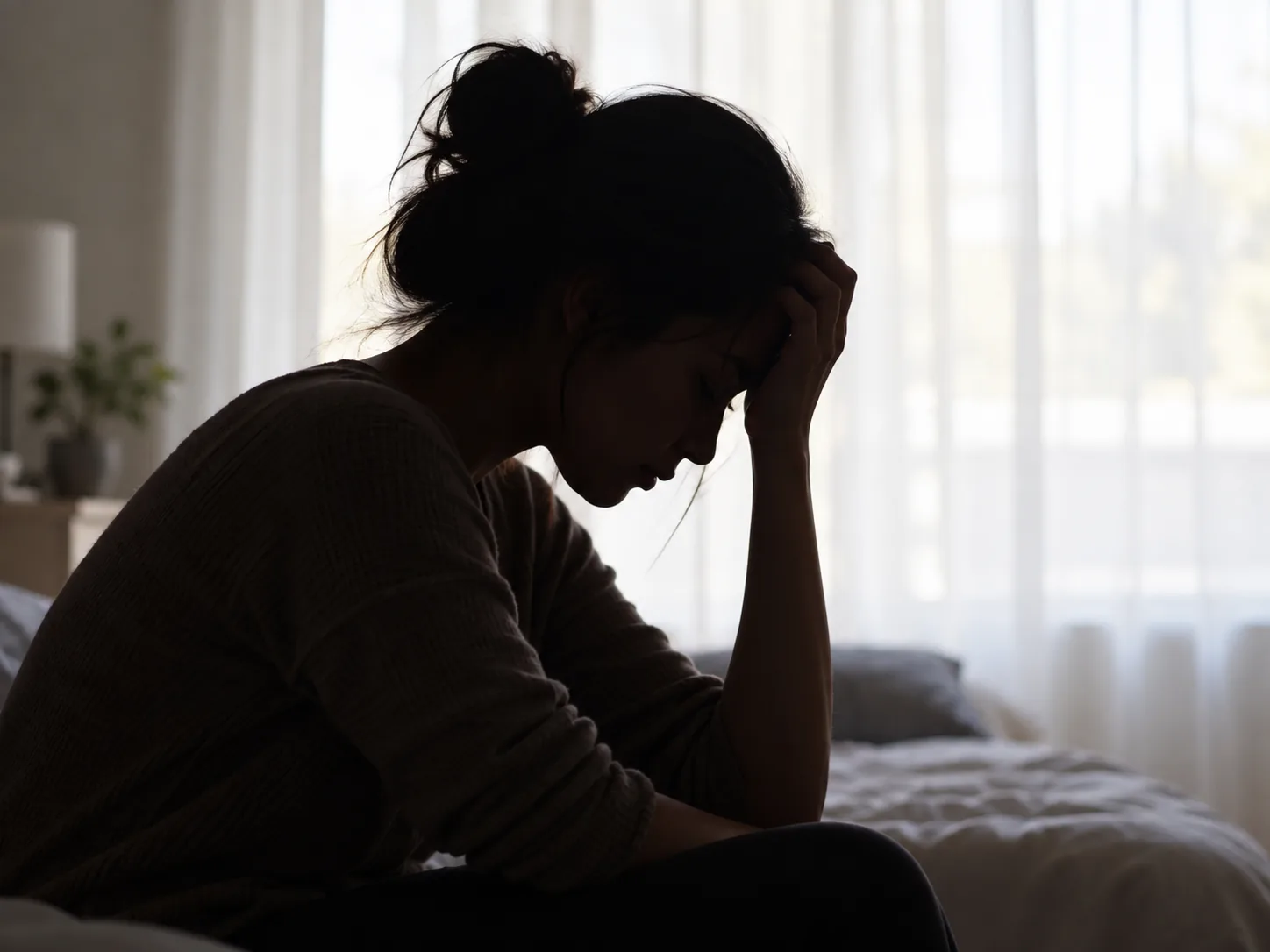 Woman sitting on a bed holding her head while experiencing a headache