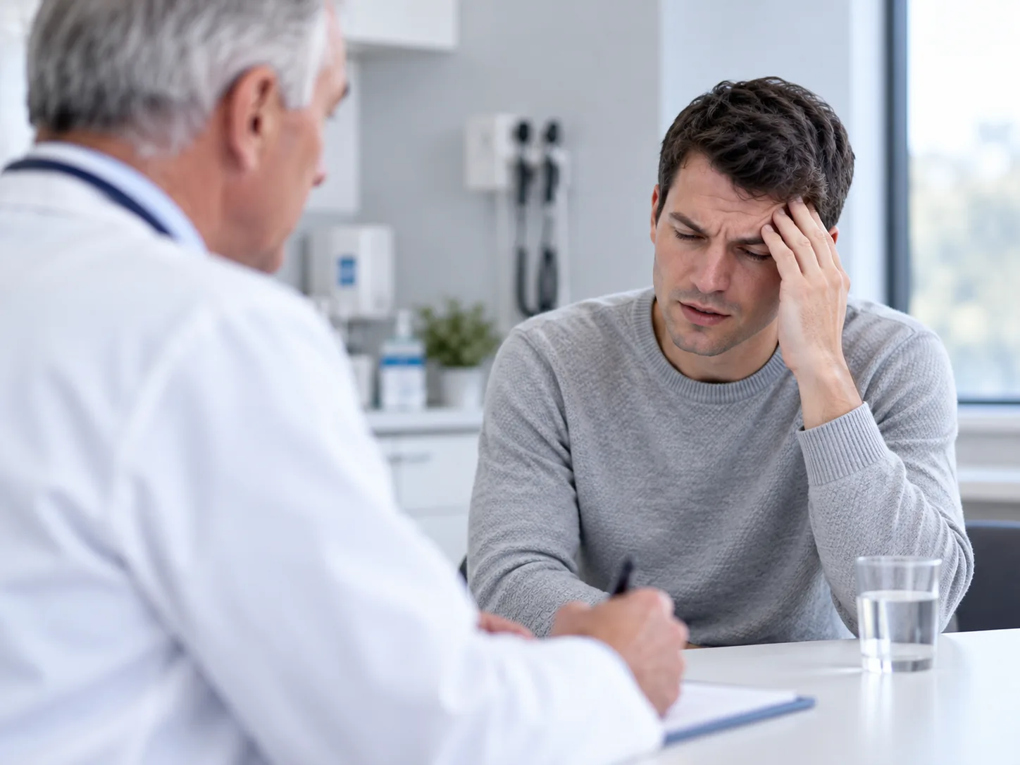Man experiencing a headache while speaking with a doctor during a medical visit