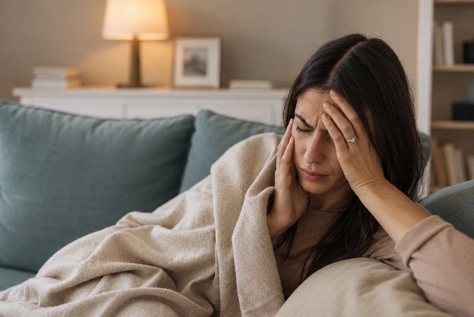 Woman resting on a couch with her hands on her head, experiencing headache symptoms