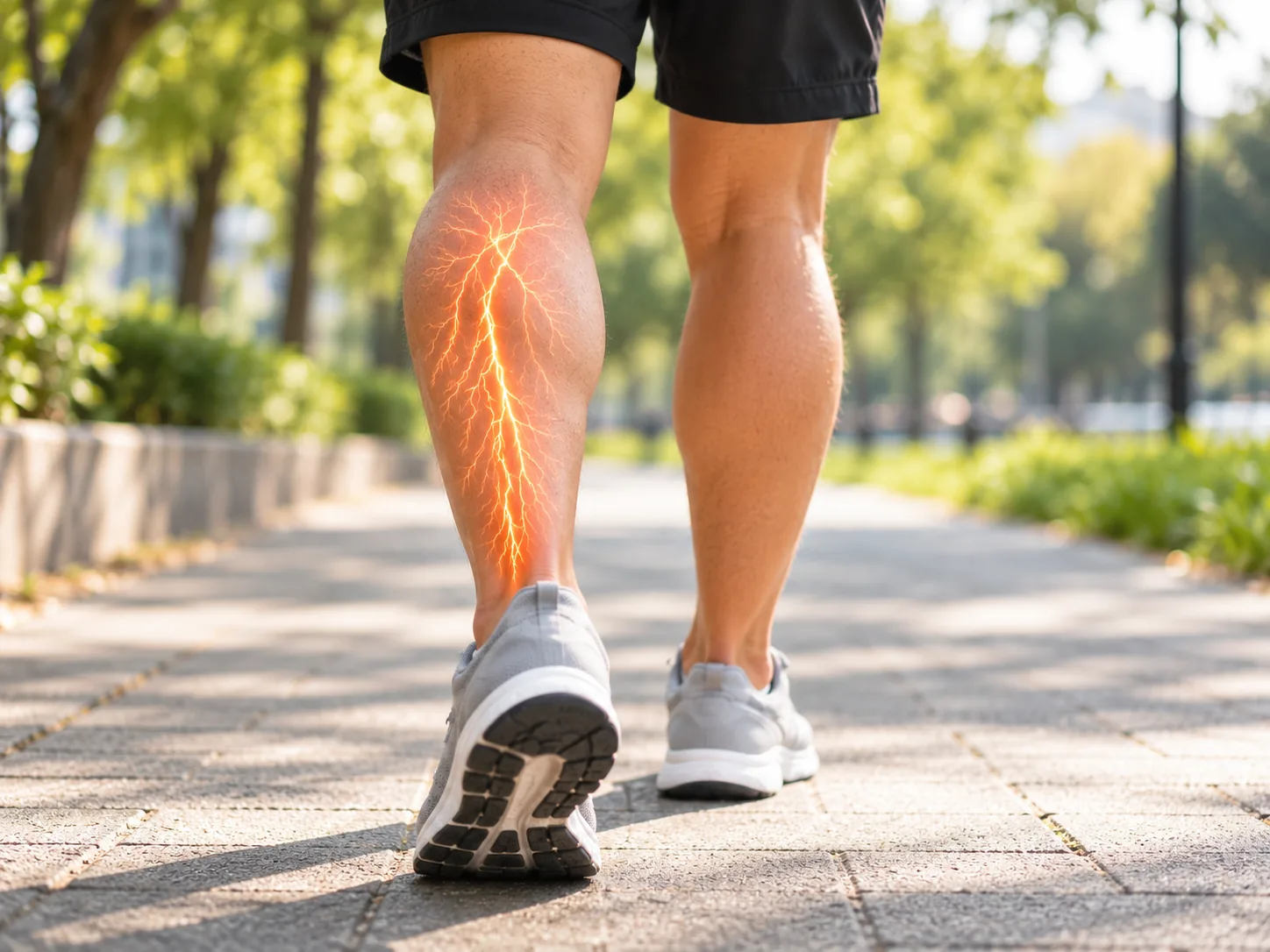 Person walking outdoors with highlighted lower leg numbness