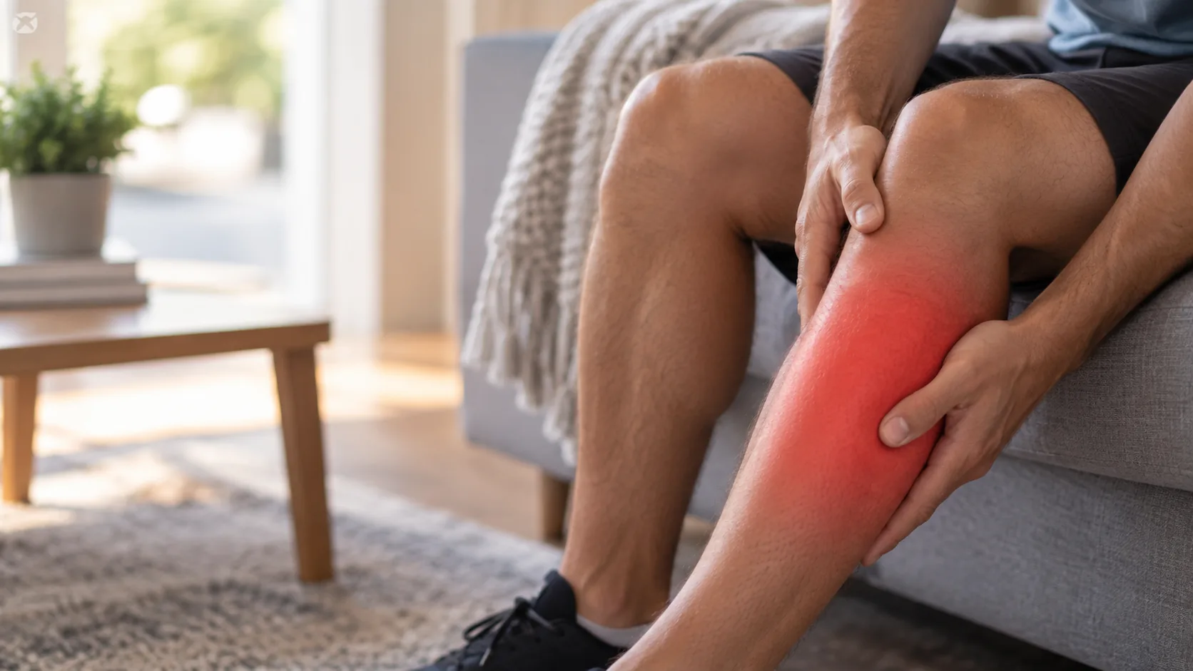 Man holding his lower leg with highlighted leg pain while sitting on a couch