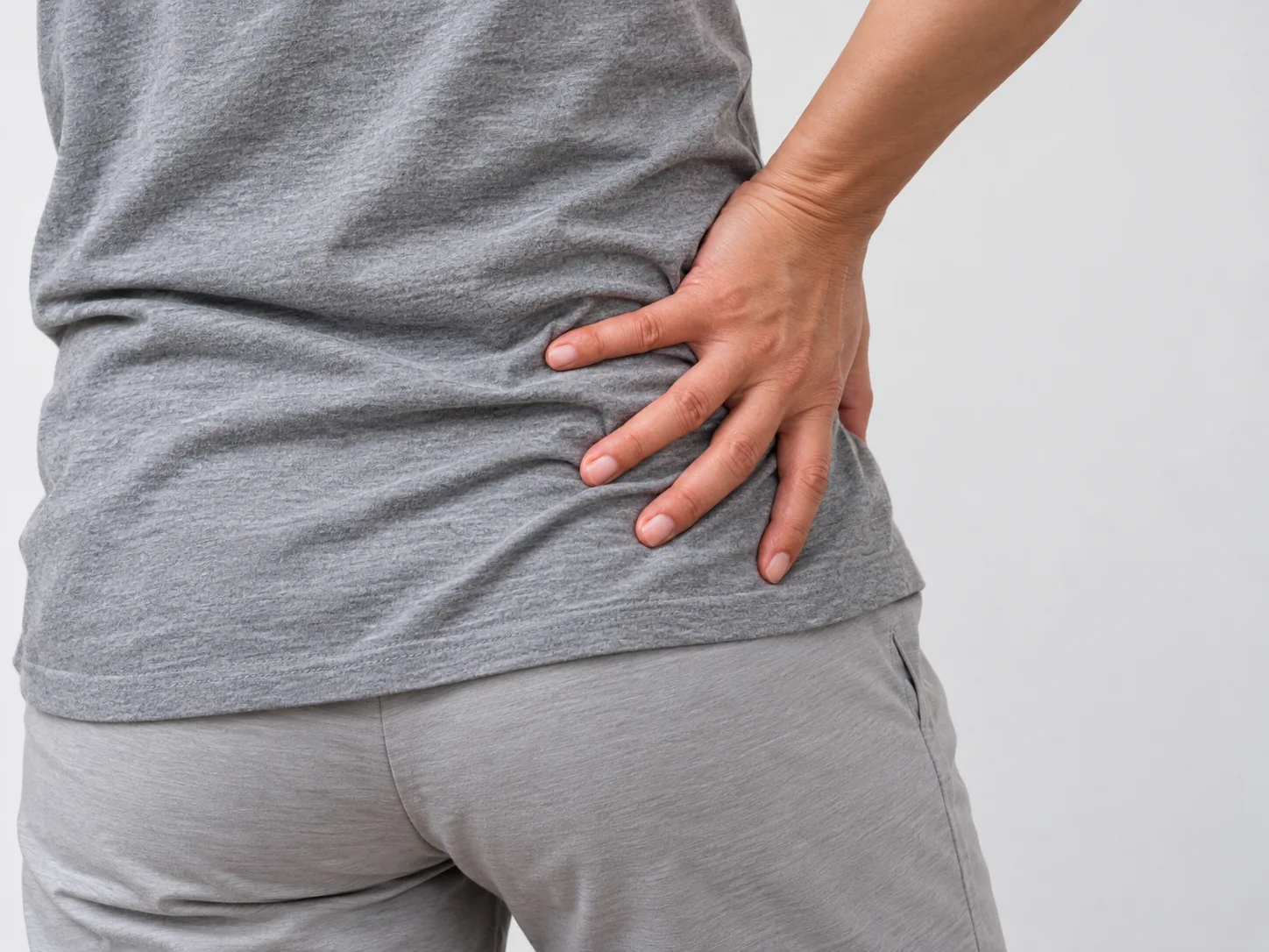 Person holding the lower back and hip area, experiencing lower back pain