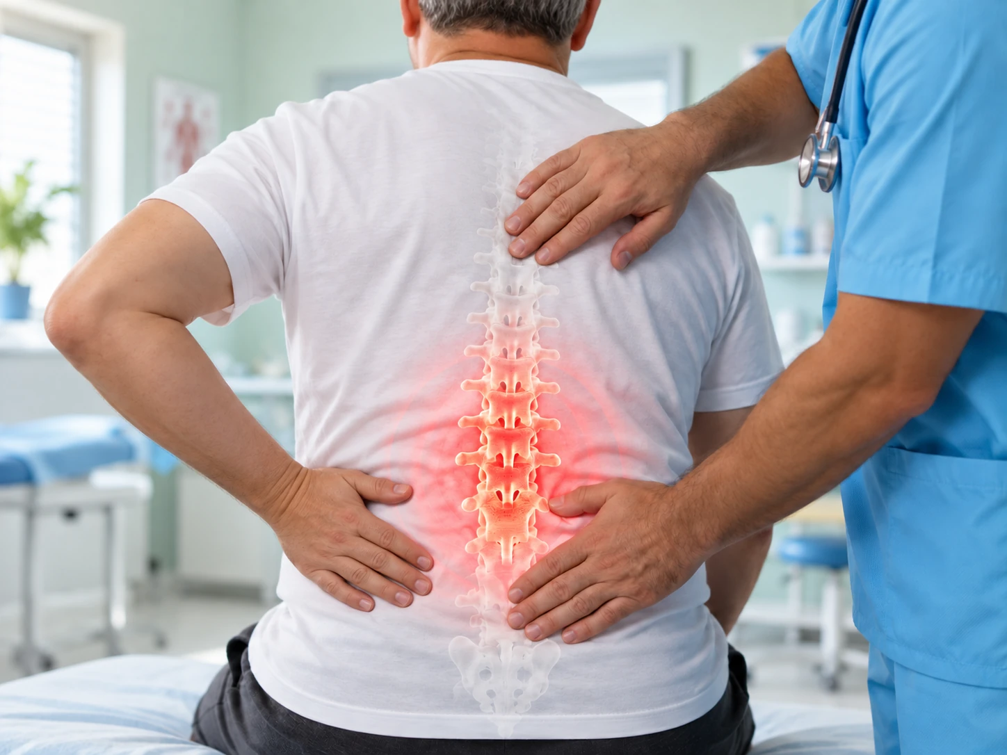 Healthcare professional examining a patient with lower back pain