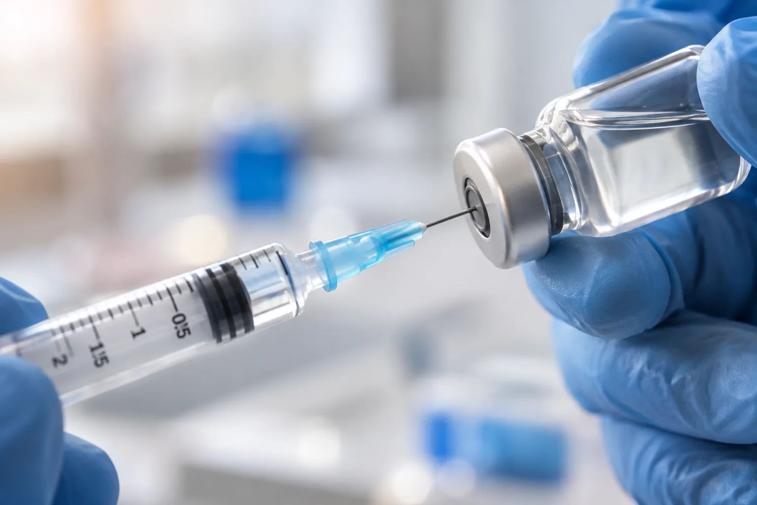 Healthcare professional preparing medication in a syringe for a medical injection