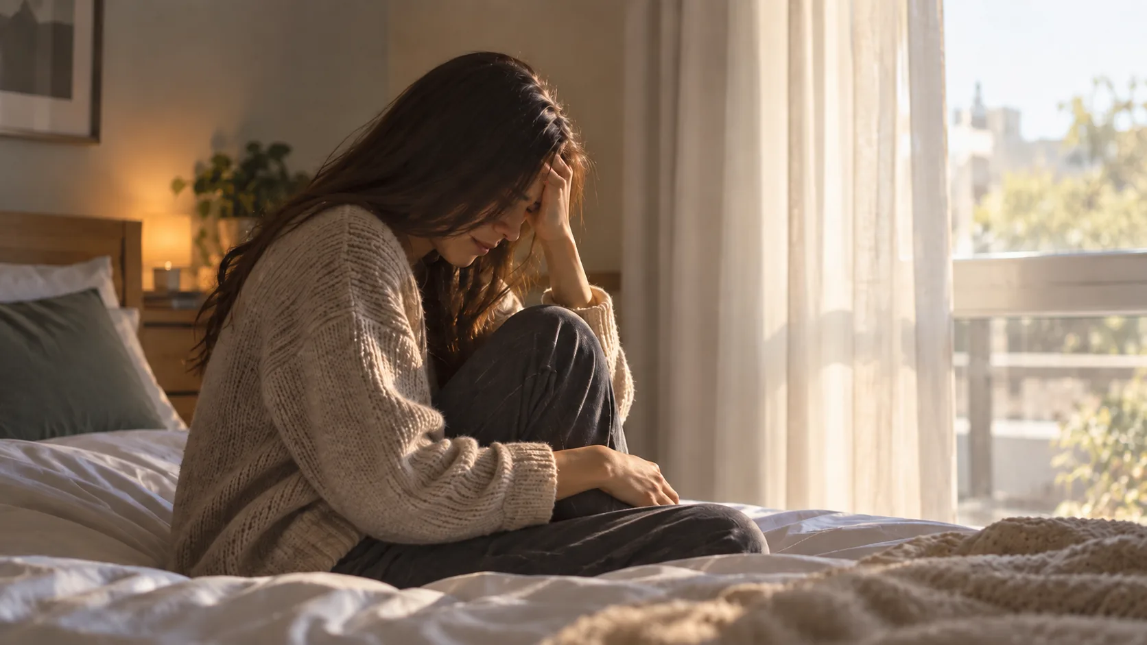 Woman sitting on a bed holding her head, representing migraine symptoms