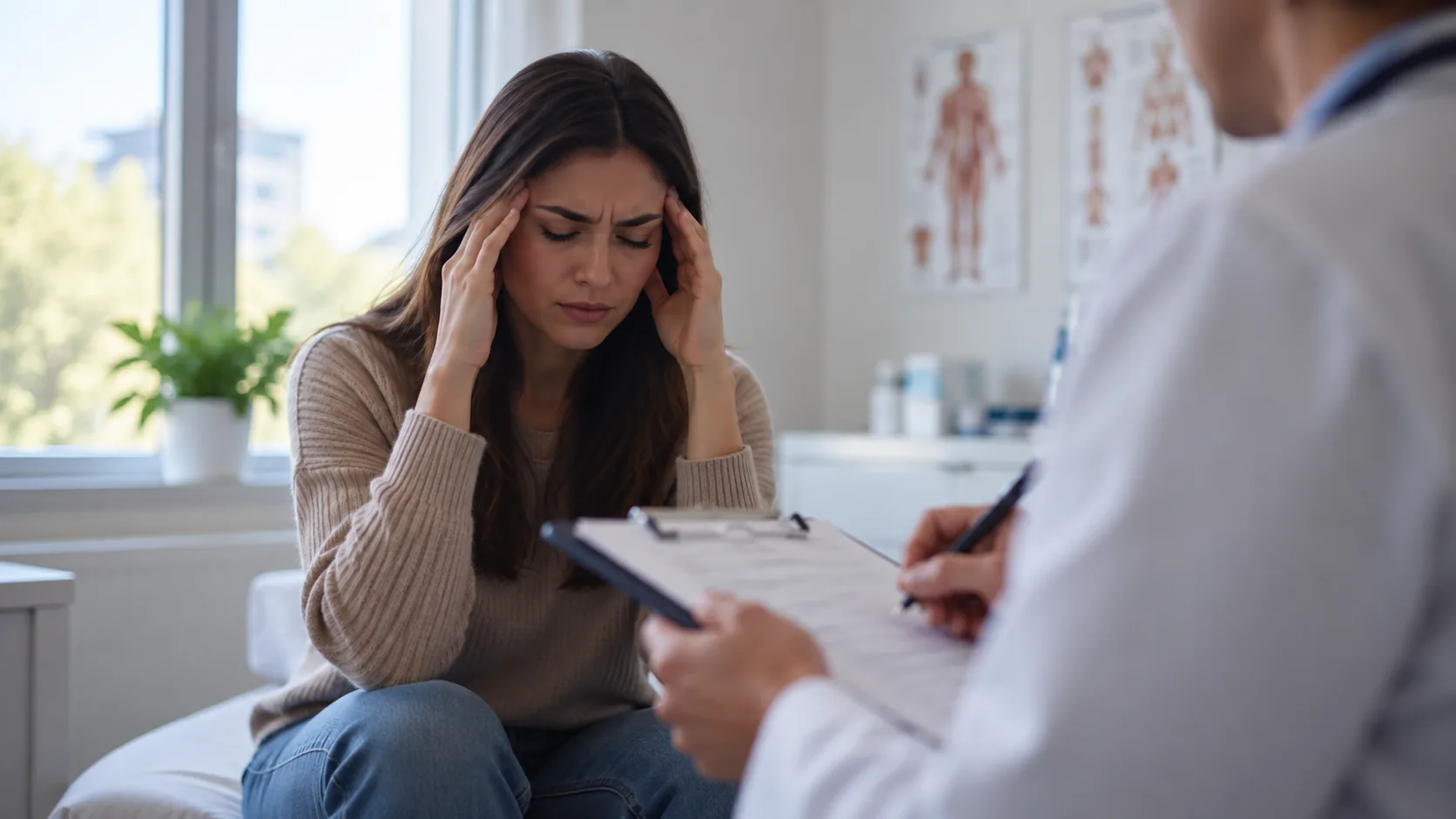 Woman experiencing migraines while speaking with a doctor during a medical visit
