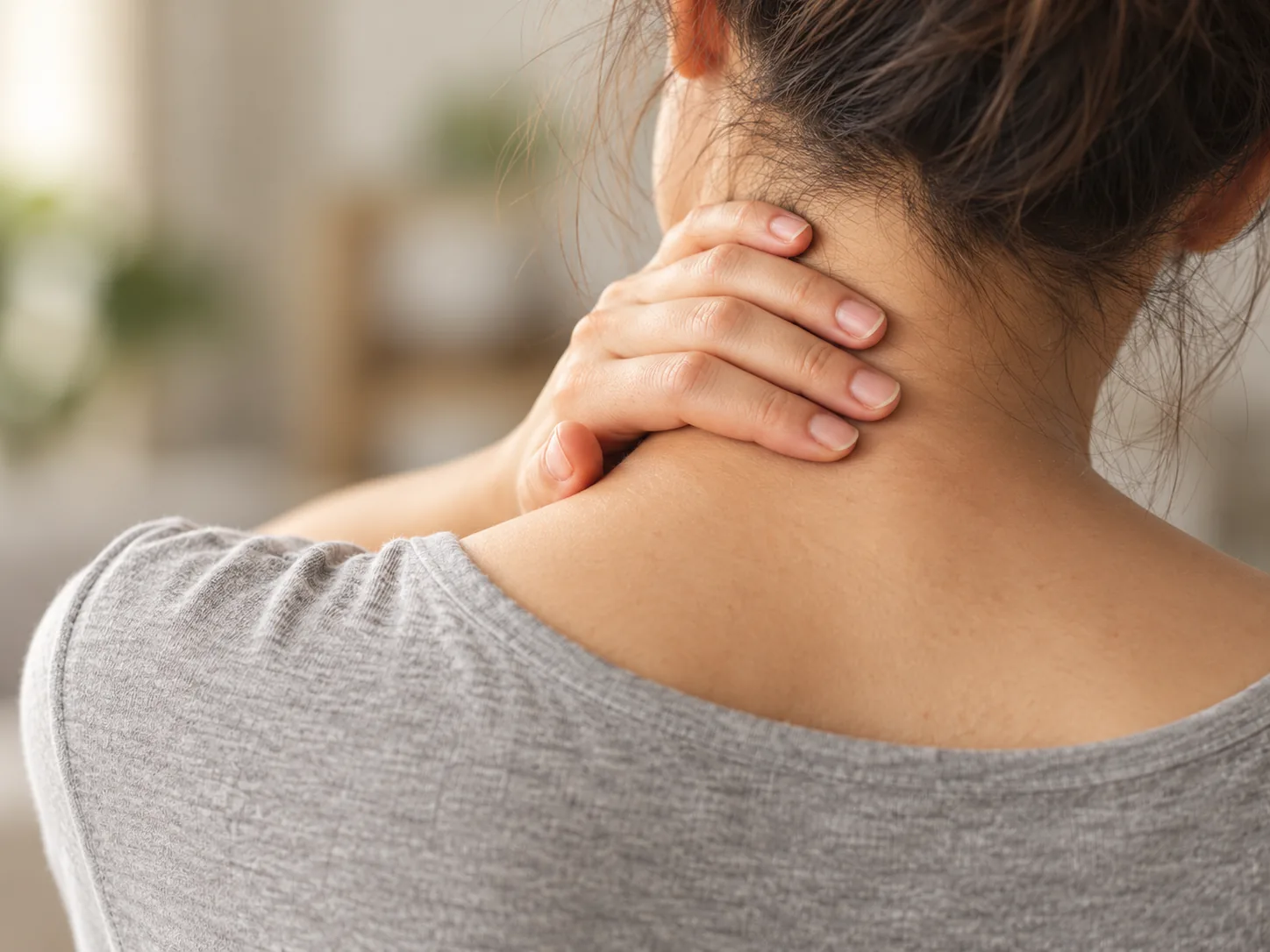 Woman holding the back of her neck, experiencing neck pain