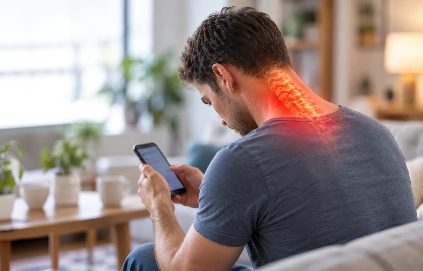 Man looking at his phone with highlighted neck pain while sitting on a couch