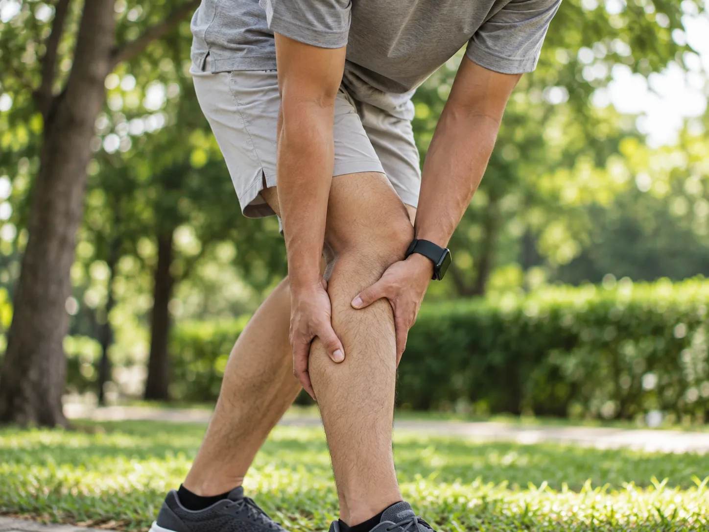 Man outdoors holding his leg while experiencing pain