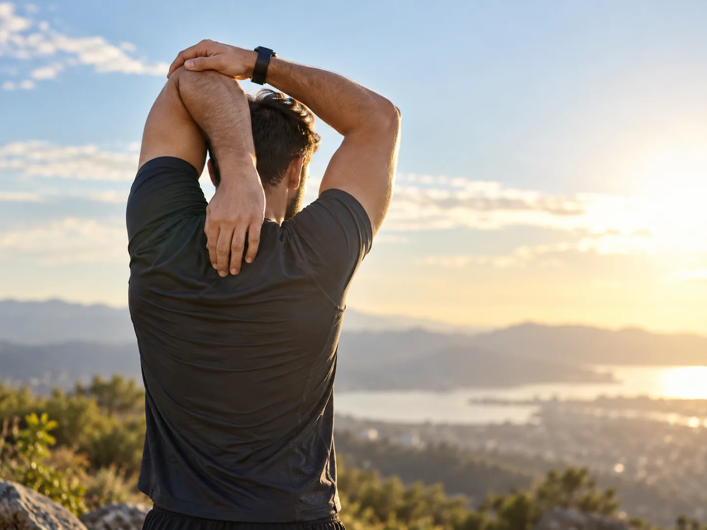 Man stretching his upper body outdoors at sunset