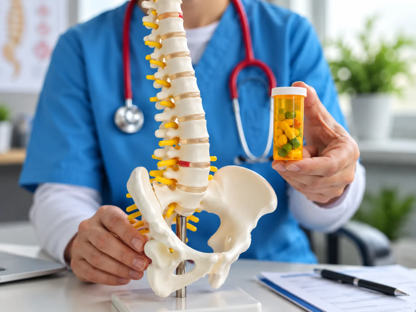 Healthcare professional holding a spine model and a bottle of medications for pain management