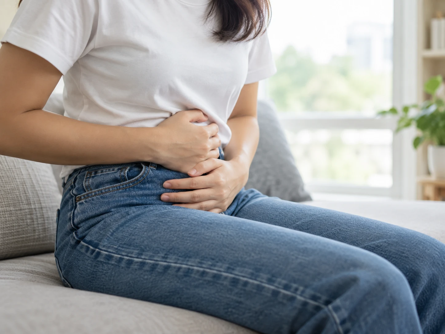 Woman sitting on a sofa holding her lower abdomen, representing pelvic pain