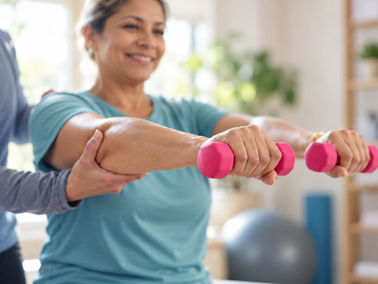 Patient doing a physical therapy exercise with dumbbells under therapist supervision