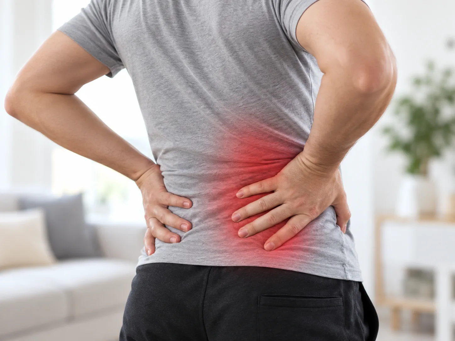 Man holding his lower back with highlighted pain, representing sciatica symptoms
