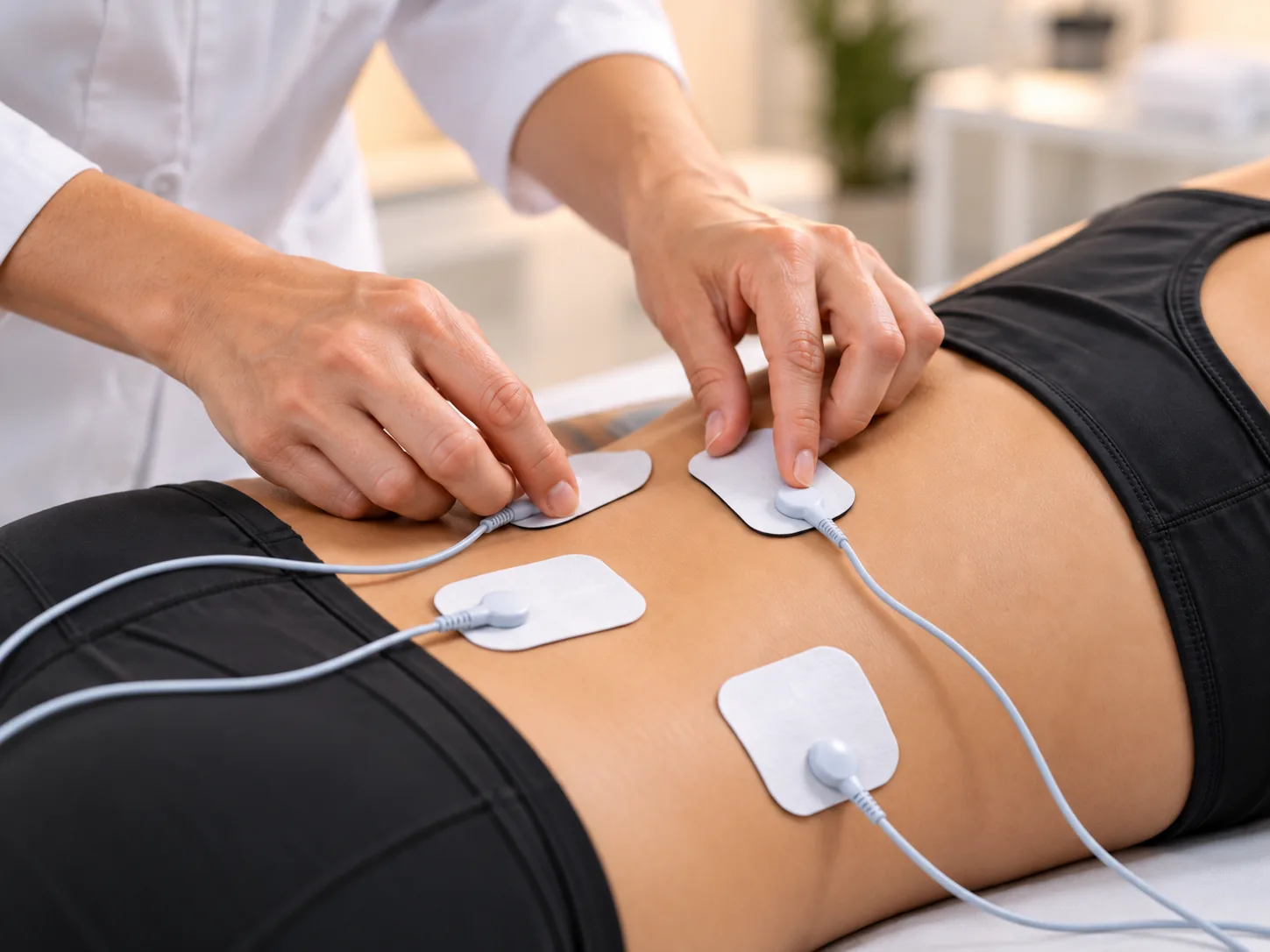 Healthcare professional placing electrode pads on a patient’s lower back for spinal cord stimulator treatment