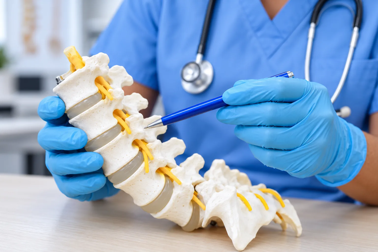 Healthcare professional holding a spinal model and pointing to it during an exam