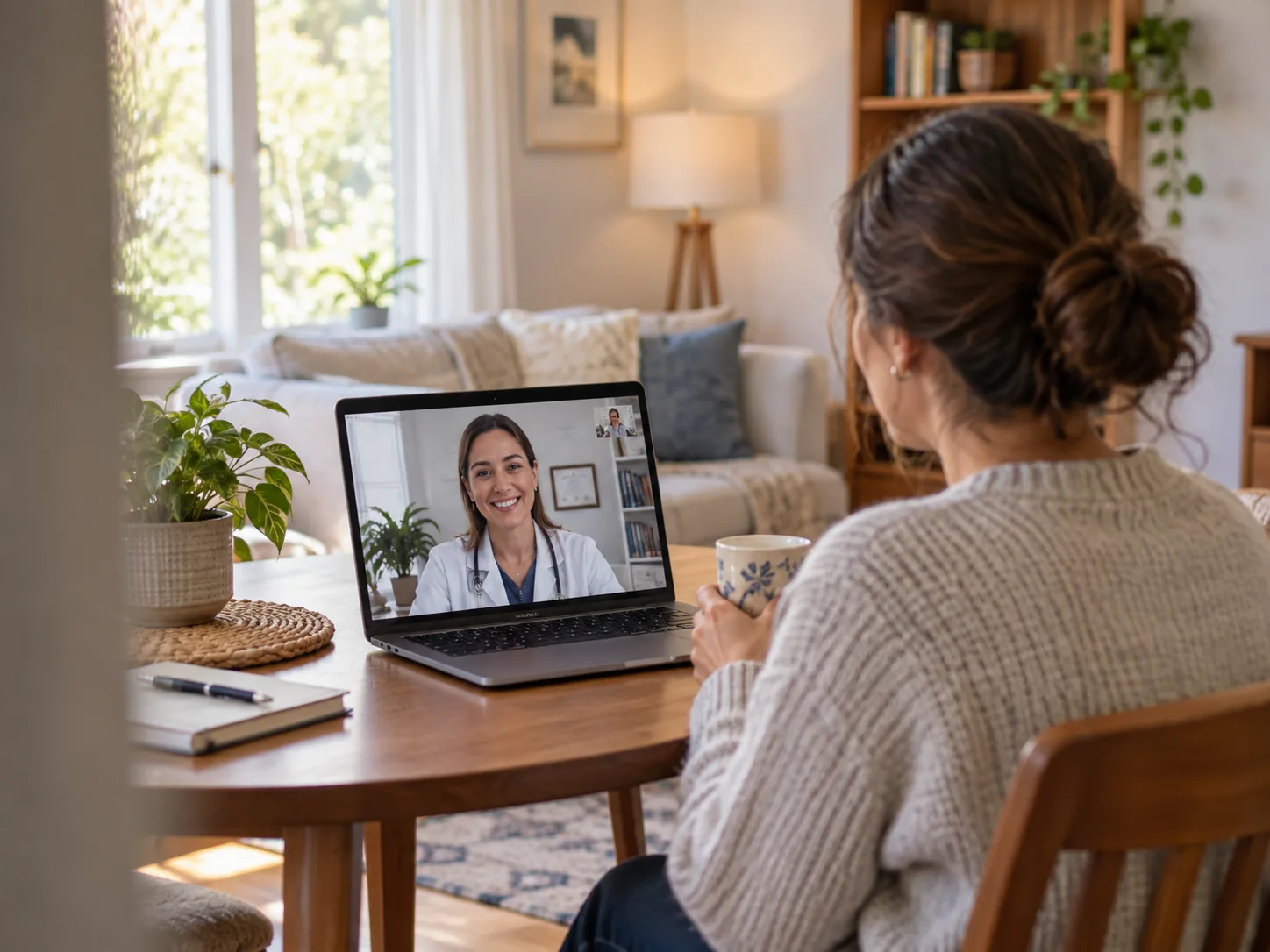 Woman having a telehealth consultation with a doctor on a laptop at home