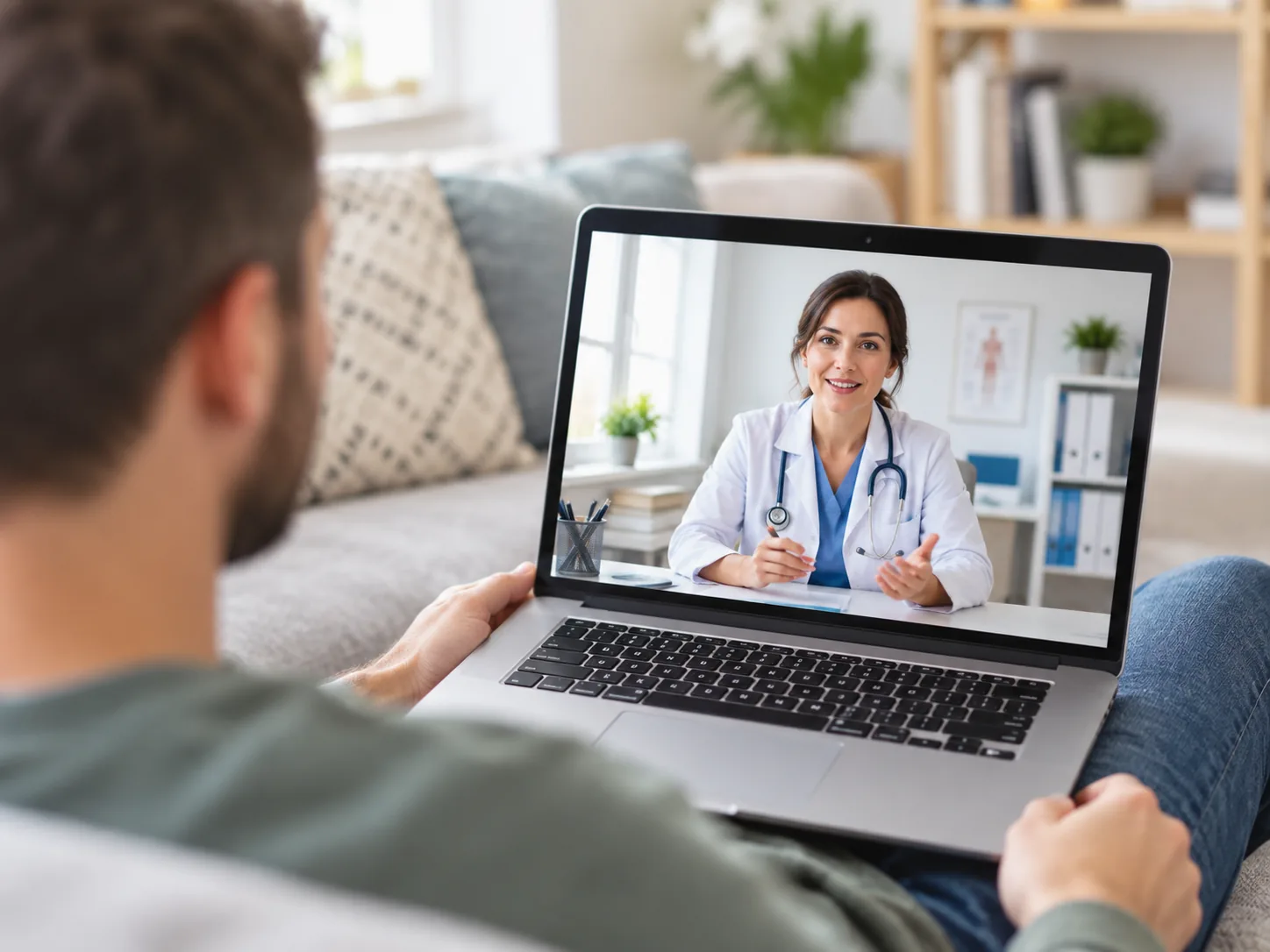 Patient attending a telehealth visit with a doctor on a laptop