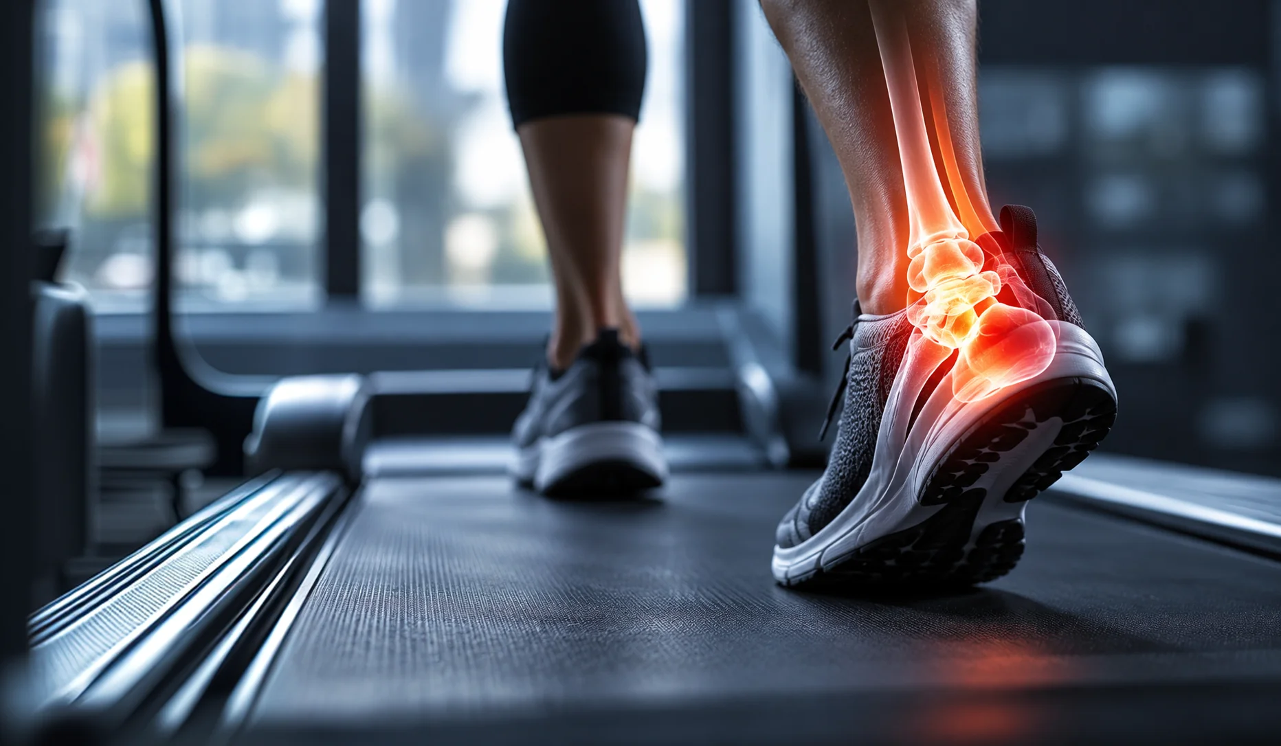 Person walking on a treadmill with highlighted ankle pain and inflammation.
