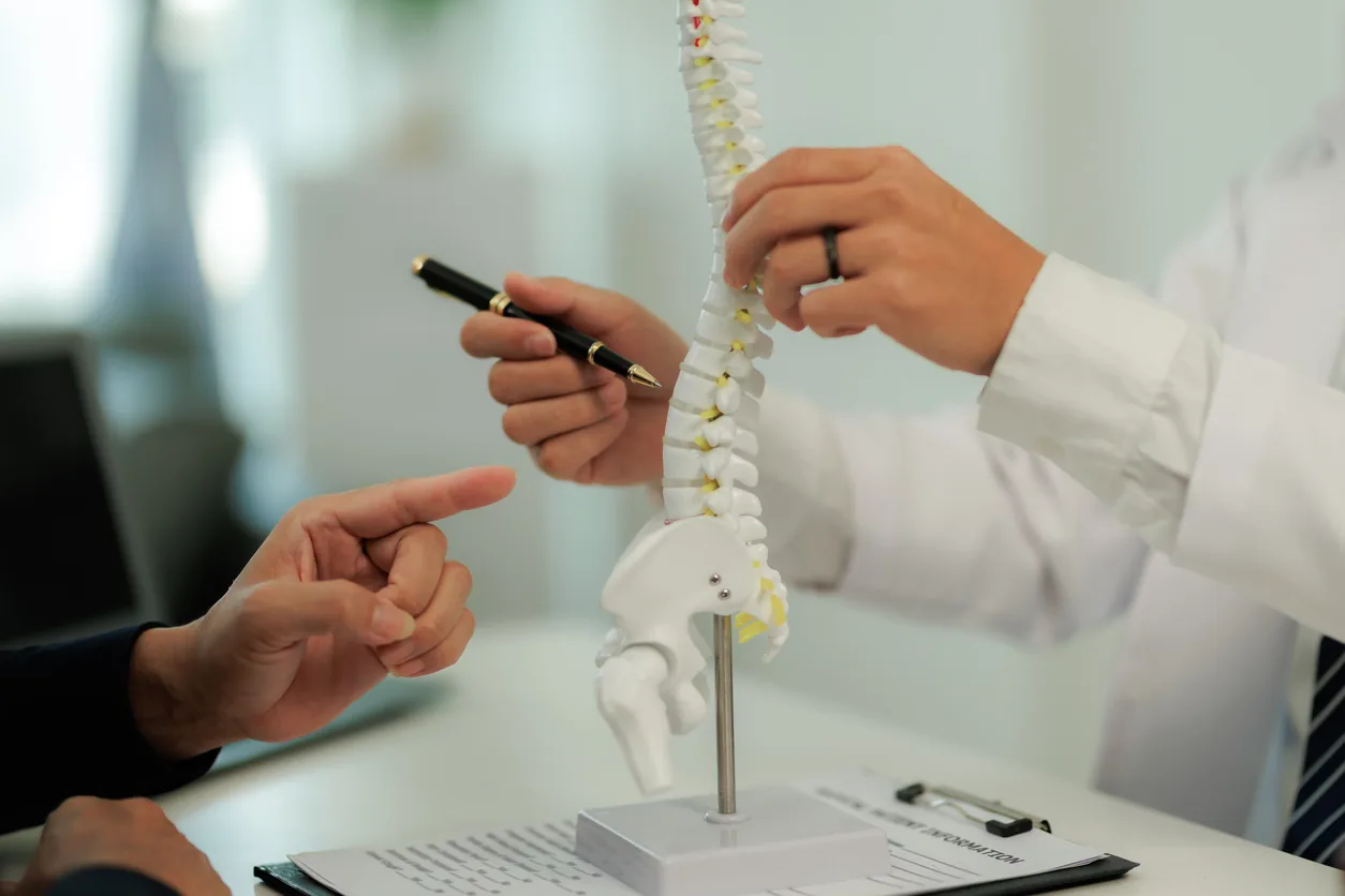 Doctor explaining a spine anatomy model to a patient during a back pain consultation.