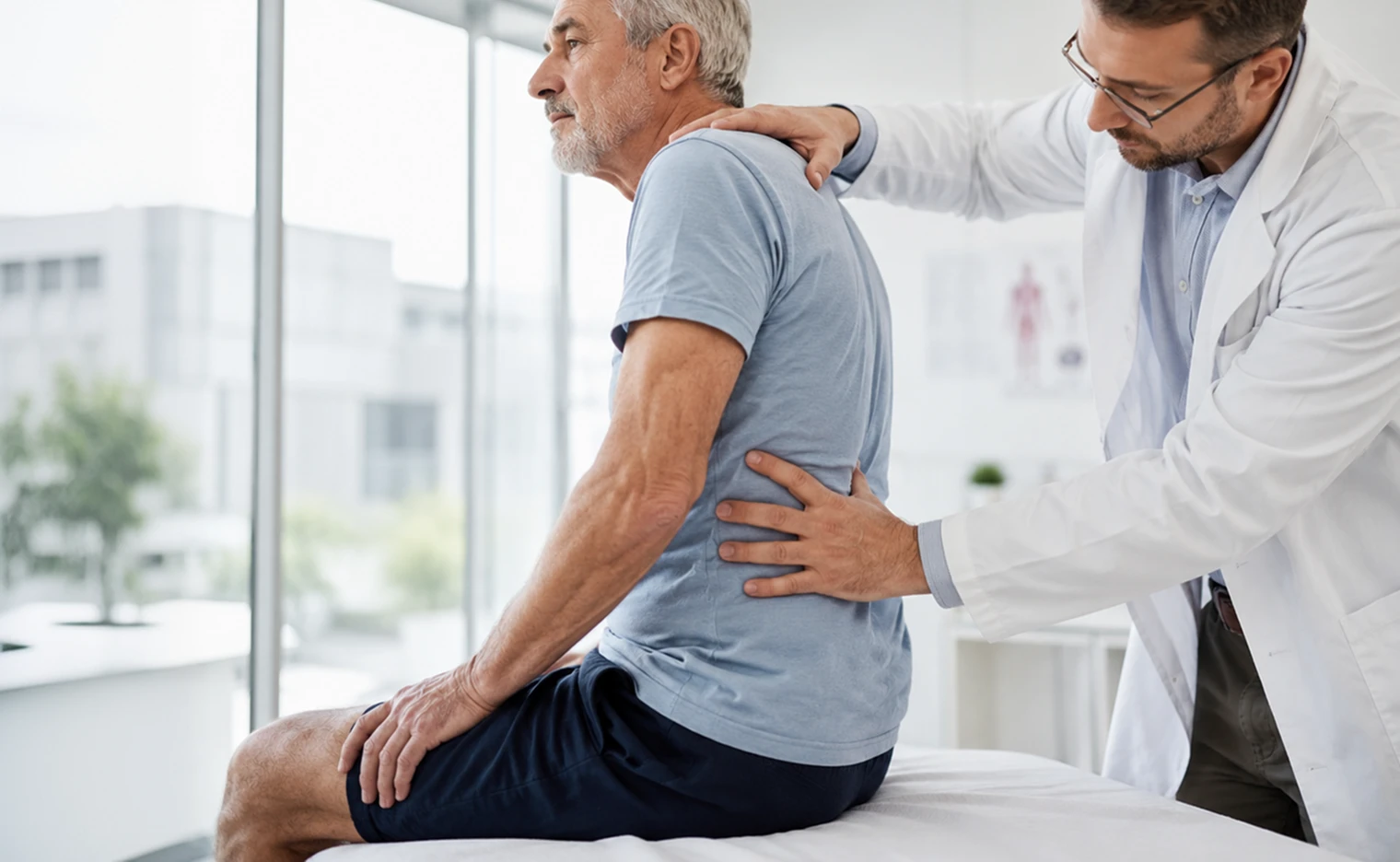 Doctor examining an older man’s back during a medical evaluation for back pain or posture issues.