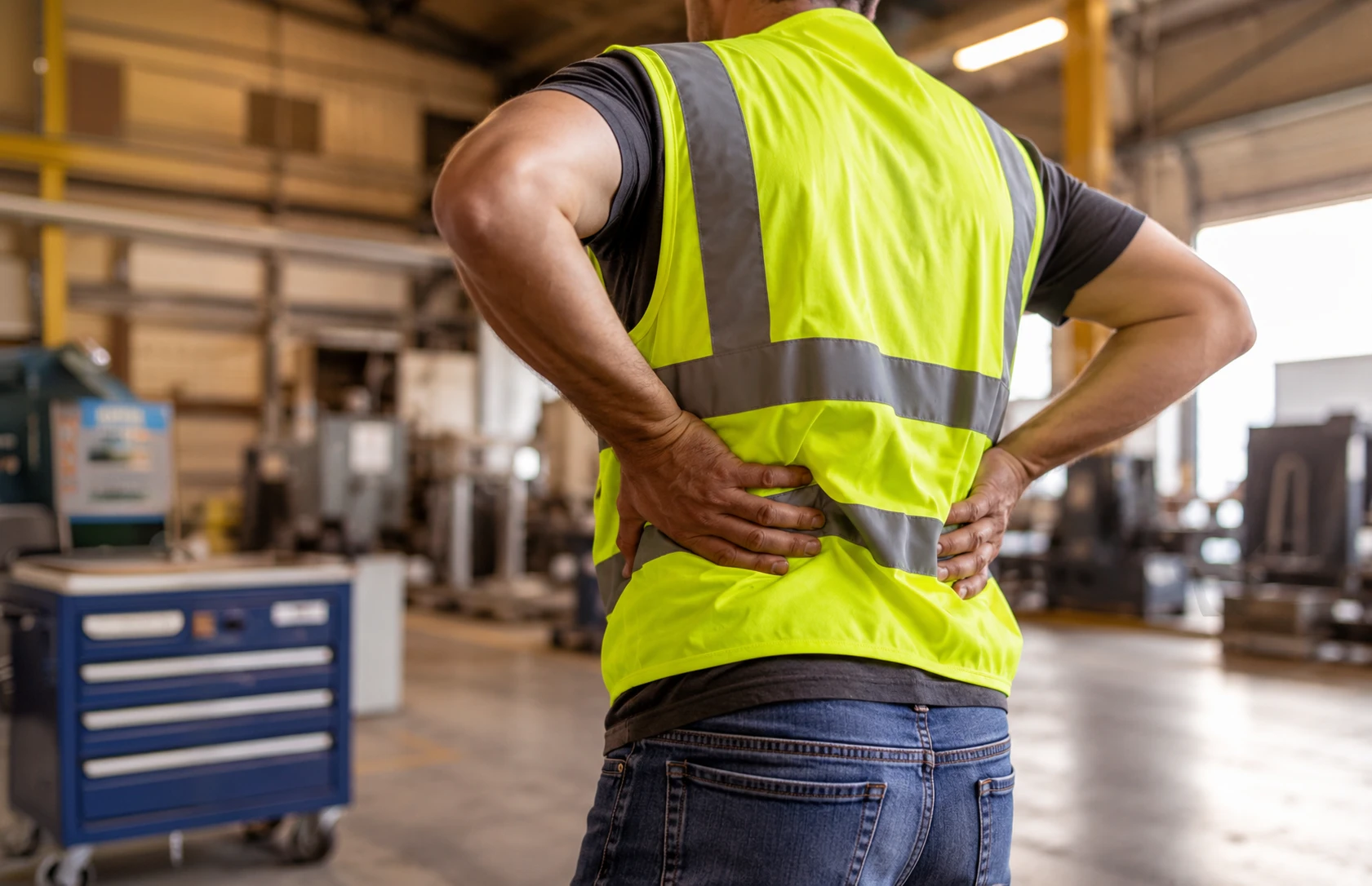 Worker holding his lower back in a warehouse, representing herniated disc pain, lower back pain, or nerve-related discomfort.