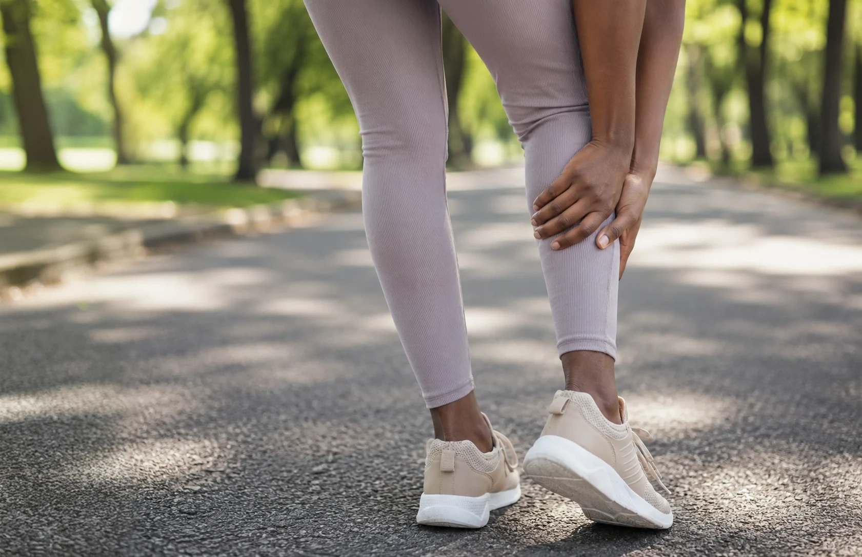 Person holding their lower leg while standing on a park path, illustrating leg pain while walking.
