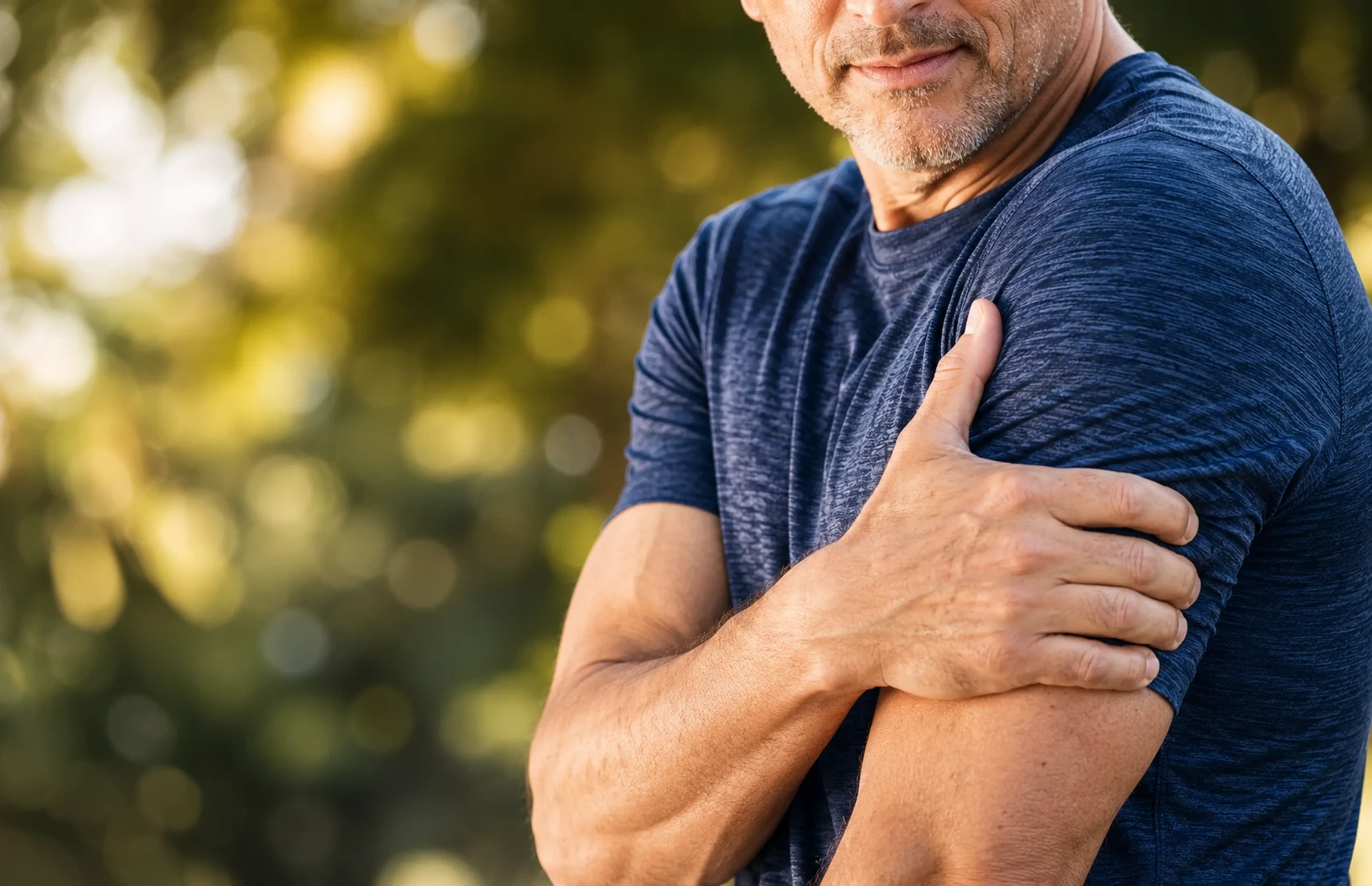 Man holding his upper arm outdoors, representing arm pain, muscle soreness, or upper body discomfort.