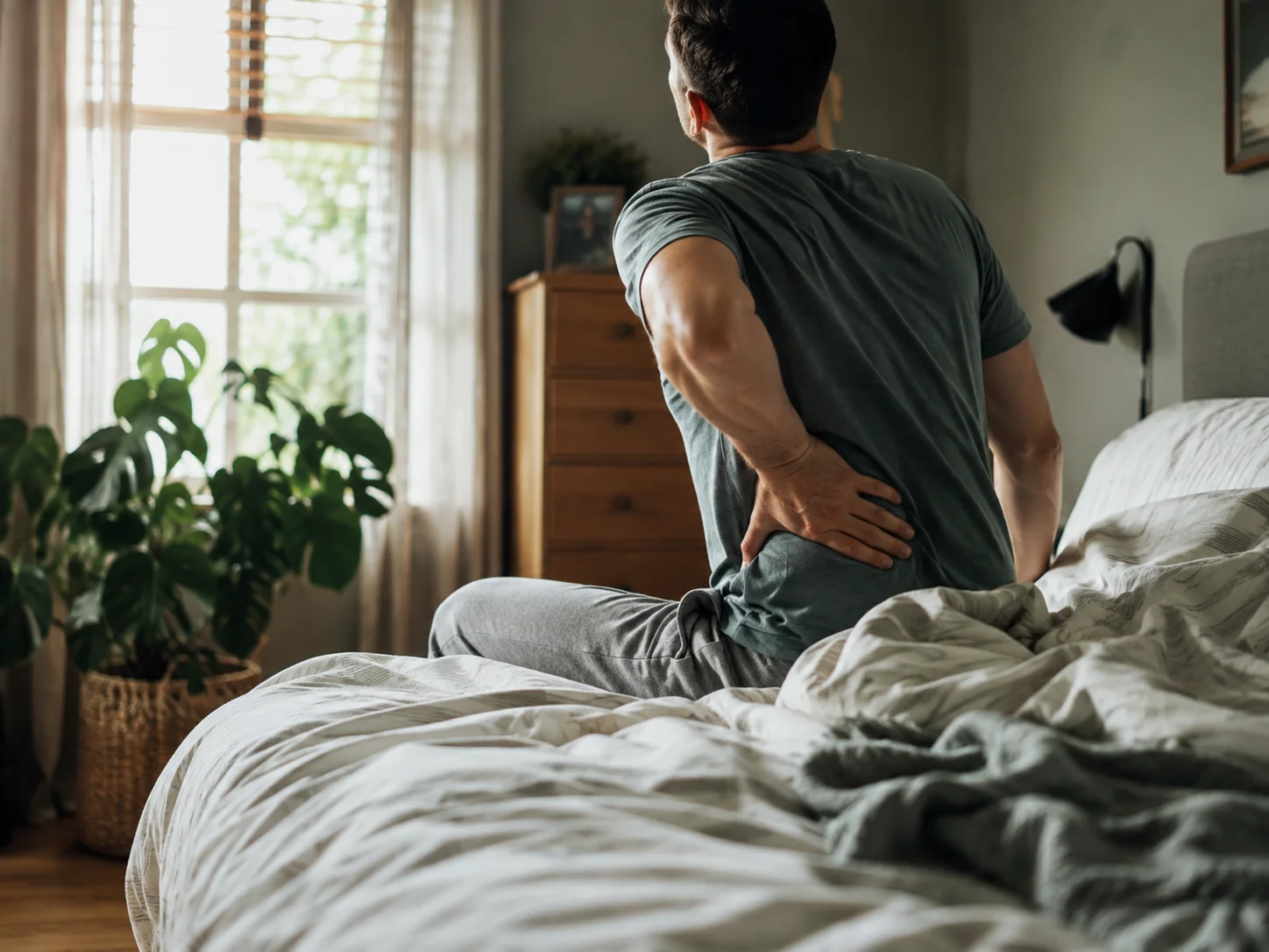 Man sitting on the edge of his bed while experiencing lower back pain in the morning.