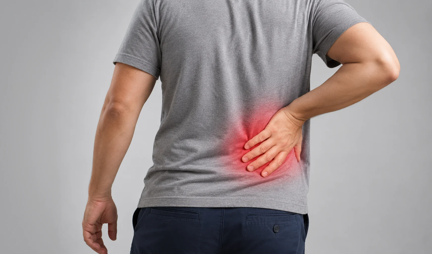Person holding the lower back with highlighted pain, illustrating discomfort related to poor posture.