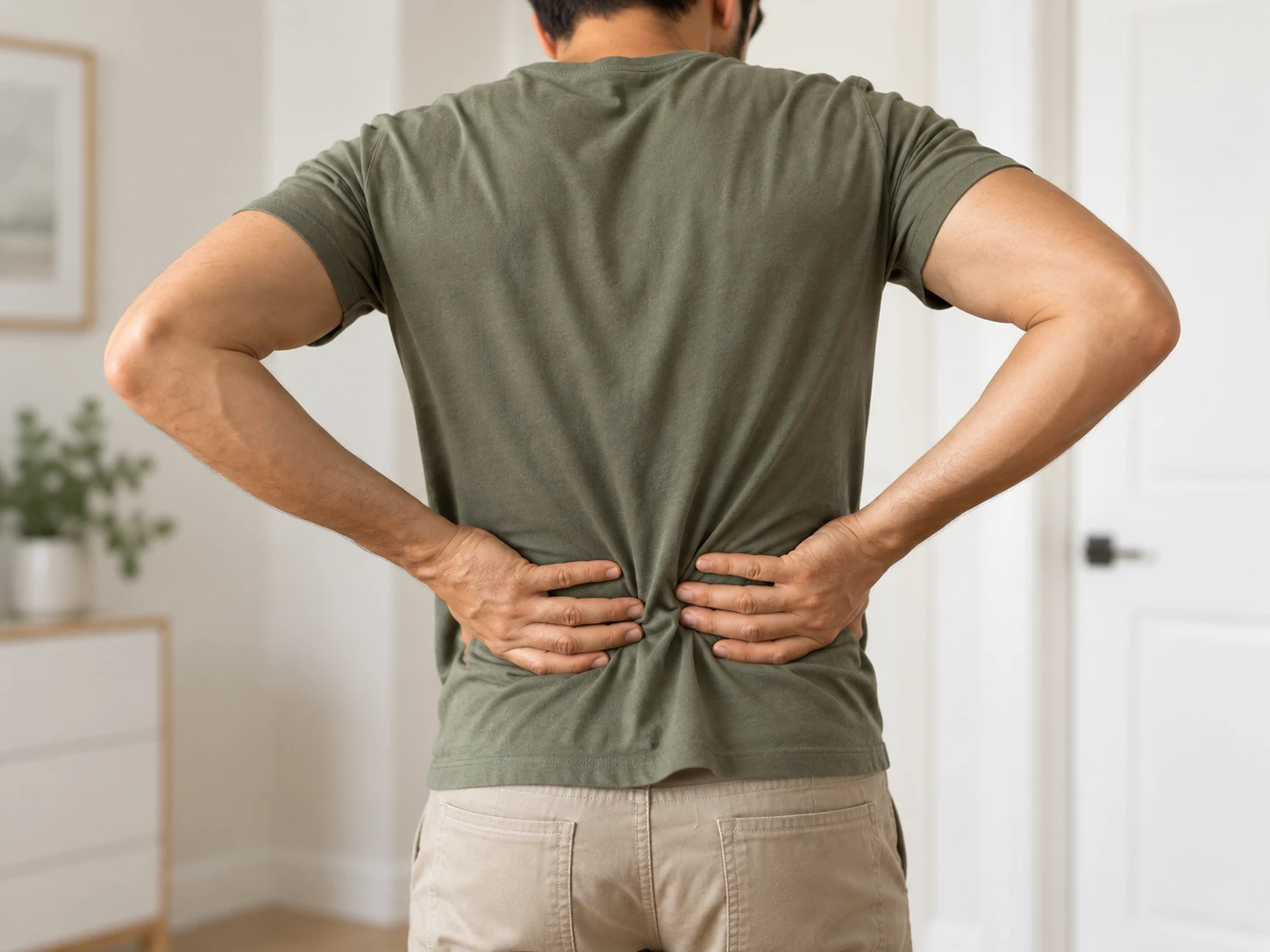Man standing indoors holding his lower back due to back pain