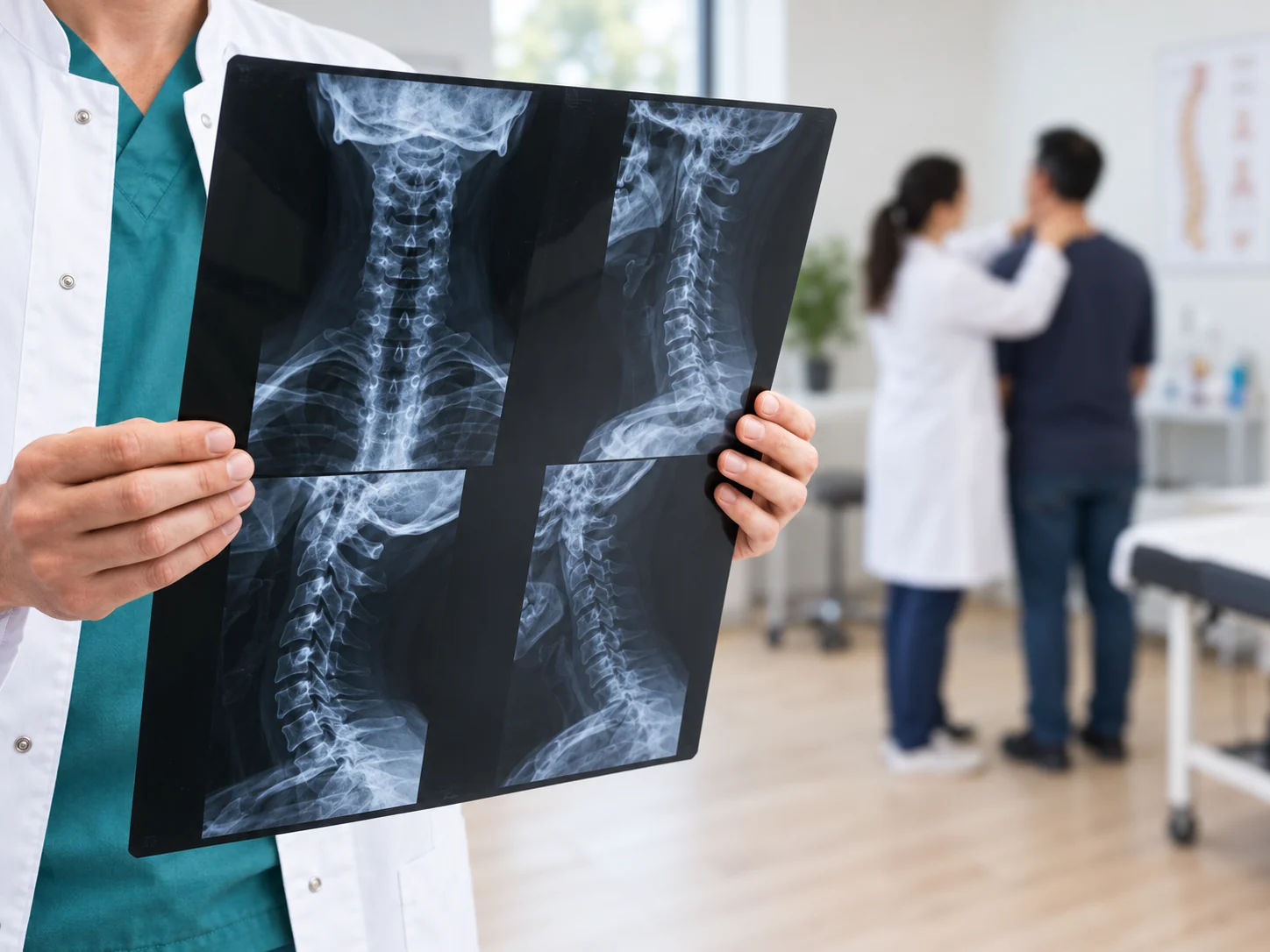 Healthcare professional holding spine imaging scans during a back pain evaluation while another clinician examines a patient in the background.