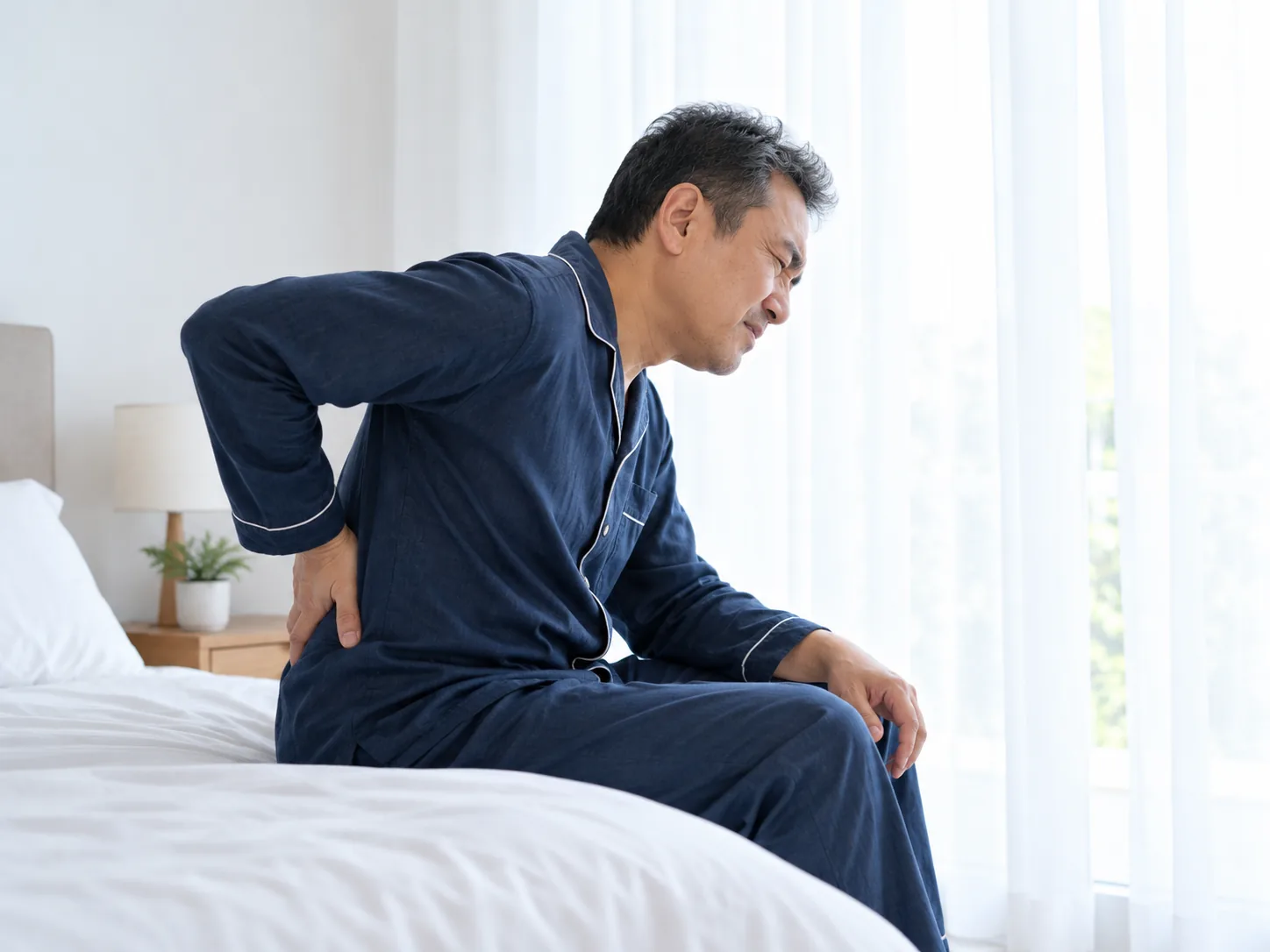 Man sitting on a bed holding his lower back while experiencing back pain