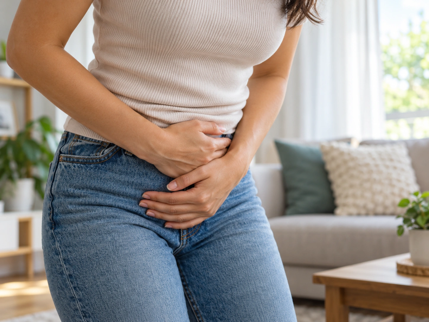 Woman holding her lower abdomen while experiencing pelvic pain or discomfort at home.