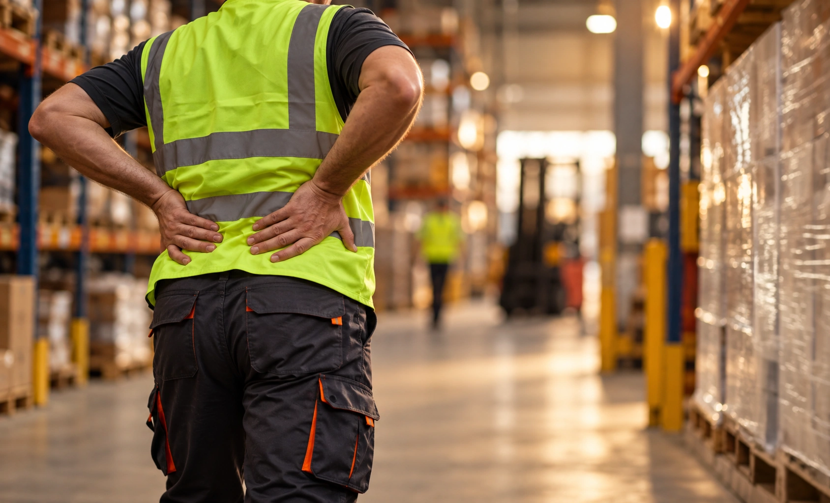 Warehouse worker holding his lower back while standing in an industrial workspace, illustrating work-related back pain.